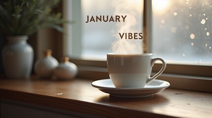 A cozy cup of steaming coffee sits on a wooden windowsill, capturing the essence of January vibes with warm light streaming in.
