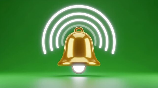 Golden bell with glowing white notification symbol on green background, 4k video