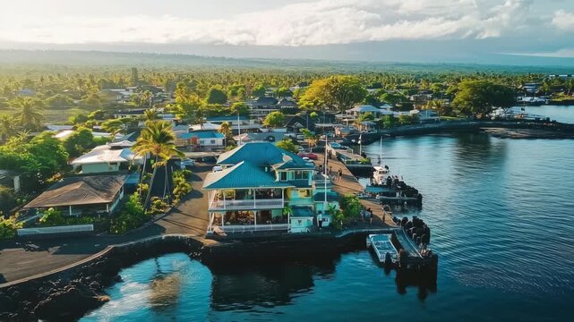 Hilo waterfront harbor showcases vibrant city building and picturesque surroundings in Hawaii, Aerial view of Hilo waterfront harbor city buildings