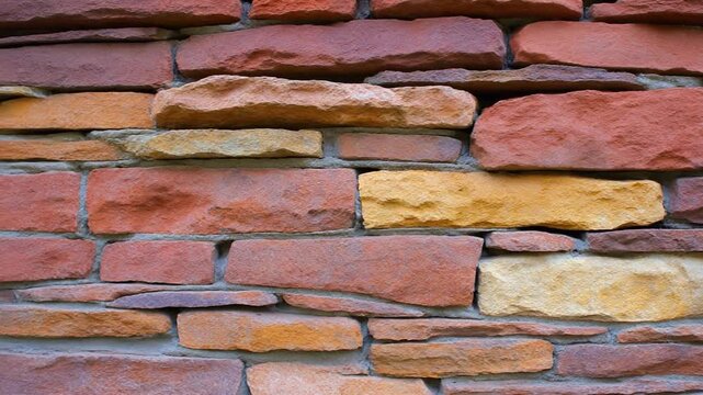 Rustic textured wall constructed from a variety of rough-cut sandstone blocks exhibiting earthy red, brown, and yellow tones