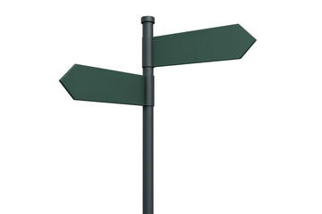 Blank green signpost with pointing arrows offering choices and decisions on path direction, transparent background