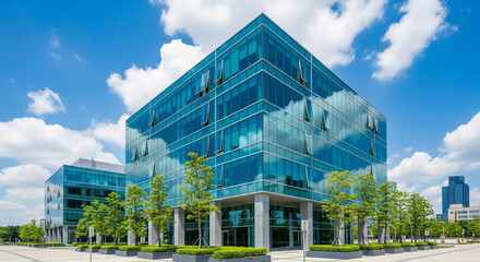 Fototapeta premium Modern glass office building reflecting blue sky and clouds on a sunny day