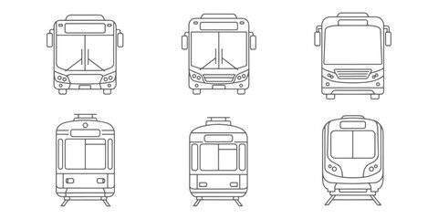 CAD Drawings. Front view of public transport vehicles, including city bus, coach bus, tram, and metro train isolated on white background. Vector illustration. © MkJutt