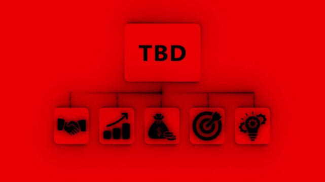 Business Concept TBD Flowchart with Icons for Partnership Growth Money Target and Ideas on Red Background