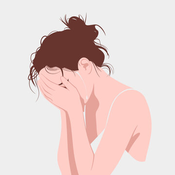 This poignant illustration portrays a woman in distress hiding her face with tears, conveying deep emotions of sadness, vulnerability, and human connection during tough times.