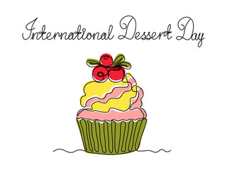 International dessert day.  Greeting card. Abstract cake with cream and berry cranberry, muffin, cupcake, continuous single one line art hand drawing sketch logo on white background