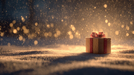 Wrapped Gift Glowing in Snow with Warm Golden Lights