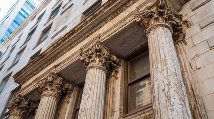 Obraz premium Close-up of an old building's ornate exterior, showcasing textured columns, aged paint, and upper-story windows