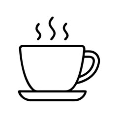 Line art coffee cup with steam on simple saucer  