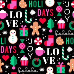 Cute geometric elements with words seamless pattern design for Christmas and new year celebration background.