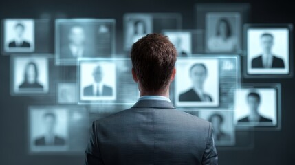 Person views multiple profiles on a digital interface at a modern workplace setting during evening hours