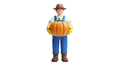 Farmer Holding Pumpkin on White Background