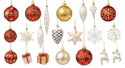 Collection of assorted red, gold, and white Christmas ornaments