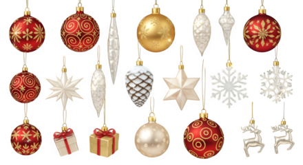 Collection of assorted red, gold, and white Christmas ornaments