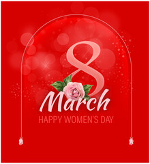 Greeting card for International Women's Day (March 8).Pink number 8 with roses on a Red background with an inscription.