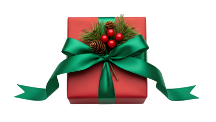 Festive red Christmas gift box with green ribbon and pine decorations