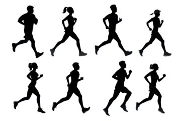 Different people running in various motions on a plain backdrop during daytime