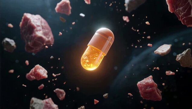Pill floating in space with meat chunks
