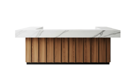 Modern Reception Desk with Marble Top and Wooden Slats Isolated on White.