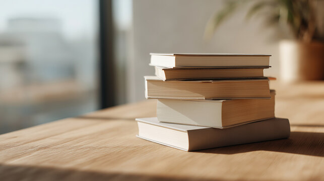 Minimalist still life featuring a small stack of neutral-colored books placed on a wooden table, soft daylight illumination