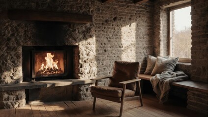 Cozy Stone Cottage Interior with Fireplace and Window Seat.