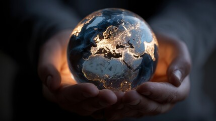 Close-up of hands cupping a glowing globe representing Earth at night. Illuminated city lights shine. The sphere is held with care