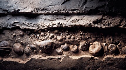 Ammonite Fossils Embedded in Rock Strata Underneath Soft Lighting Displaying Geological Time and Paleontological History