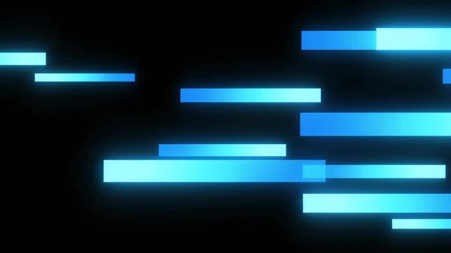 Rectangular glowing blue bars are scattered across a black background The bars are oriented horizontally