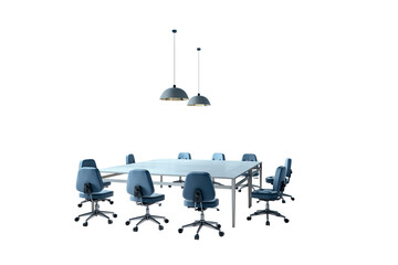Office desk with eight blue chairs and two pendant lamps in clean layout style on white background. Concept of modern workspace furniture. 3D Rendering