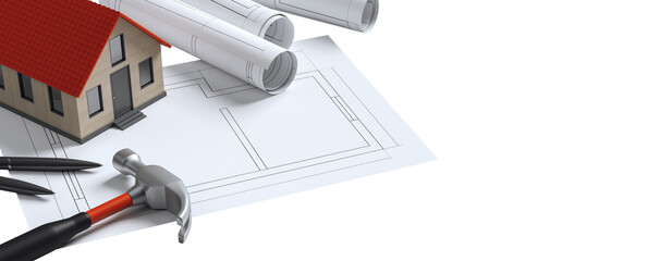 Small house model with red roof on layout blueprints, surrounded by construction tools on clean white background. Concept of home design and repair. 3D Rendering