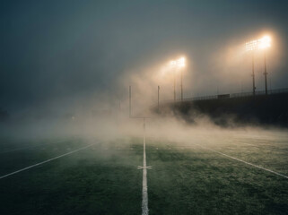 An atmospheric American football field at night, illuminated by stadium lights through thick fog.