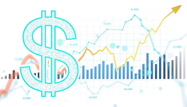 Large dollar sign icon with upward stock market chart, bar graph, and data points, clean modern design on white background. 3D Rendering