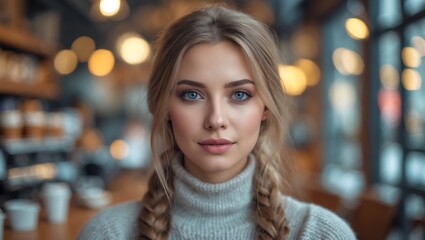 Obraz premium Woman with blue eyes and blonde hair is wearing a sweater