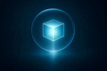 Futuristic glowing blue wireframe cube with sphere