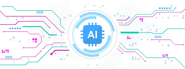 Fototapeta premium Abstract AI chip symbol with neon digital neural network connections in modern design style on white technology background. 3D Rendering