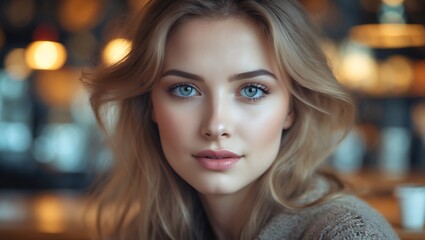 Woman with long blonde hair and blue eyes