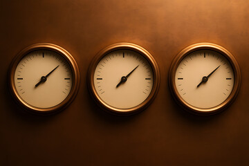 three round gauges on brown surface