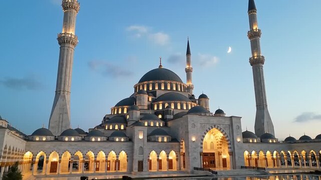 Grand Mosque Architectural Marvel with Illuminated Minarets at Dusk