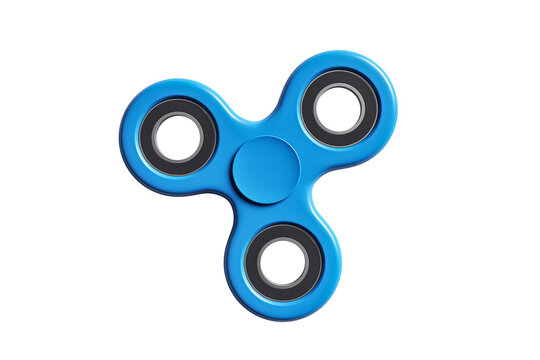 Blue fidget spinner toy with three circular bearings, clean closeup style, isolated on white background. Concept of hobby and relaxation. 3D Rendering