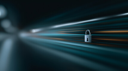 An abstract image showcases a padlock floating against a blurred background of bright streaks of light, symbolizing digital security and data protection.