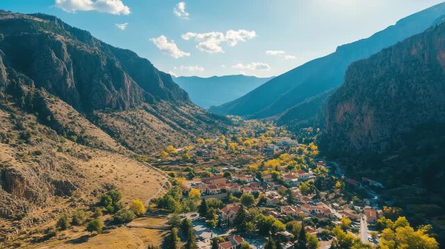 Beautiful mountain village surrounded by lush forests and stunning peaks in the daytime, Aerial view around the mountains and the village of Delphi in Greece on a sunny day in autumn
