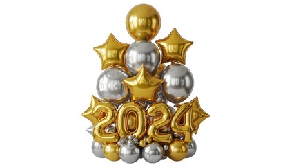 Sparkling gold and silver 2024 balloons display for a joyous new year celebration