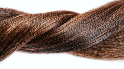 Close-up of a single strand of straight hair intertwined with a curl on a white background, highlighting smooth texture, shine, and natural detail