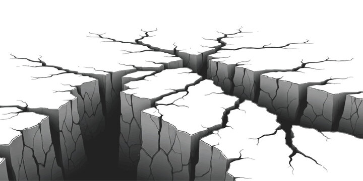 Deep cracked surface fissure splitting the ground open isolated on white background for disaster concept