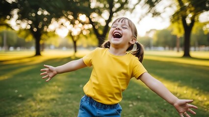 Naklejka premium Happy Young Girl Enjoying Sunny Day Outdoors.