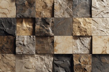 Detailed Stone Tile Mosaic in Shades of Brown Gray and Beige with Textured Surfaces and Three Dimensional Effect