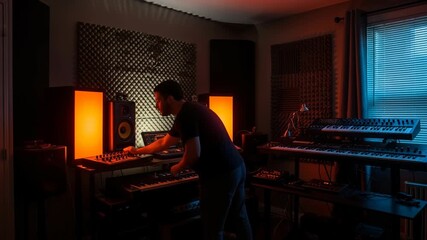 Music producer working in a dimly lit recording studio with sound equipment and acoustic panels on the walls at night, 4k video