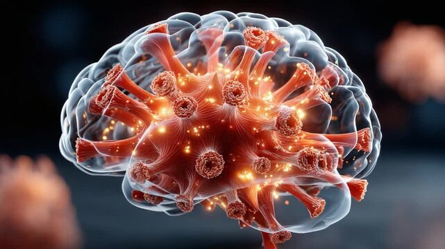 Virus attacking brain: An illustration showing a virus invading and affecting the human brain, symbolizing the impact of disease and health issues on mental health. 