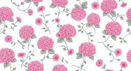 Botanical seamless pattern with blooming hydrangea flowers. Floral vector print for fabric, textile, and wallpaper design.