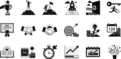Fototapeta premium Conceptual Hilltop and Skyline-View New Year Celebration Silhouette Icon Set